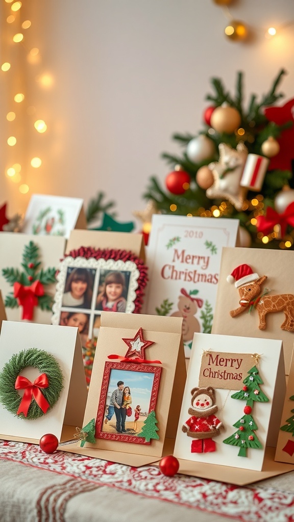 A variety of creative Christmas cards featuring handmade designs and family photos on a festive table.